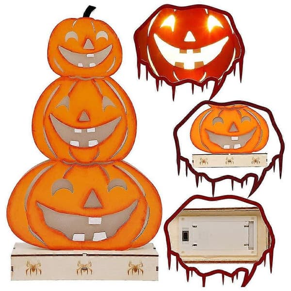 LED-lys i tre, Halloween-gresskar med grimasdekorasjon style1449