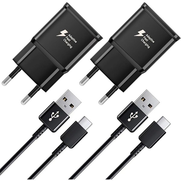 2 stk. hurtigopladere, 1,5 m kabel, kompatibel med Samsung Galaxy S22 S21 S20 S8 S10 S9 Plus Note 7 8 9 10 A53 LG, HTC 2-pack/black
