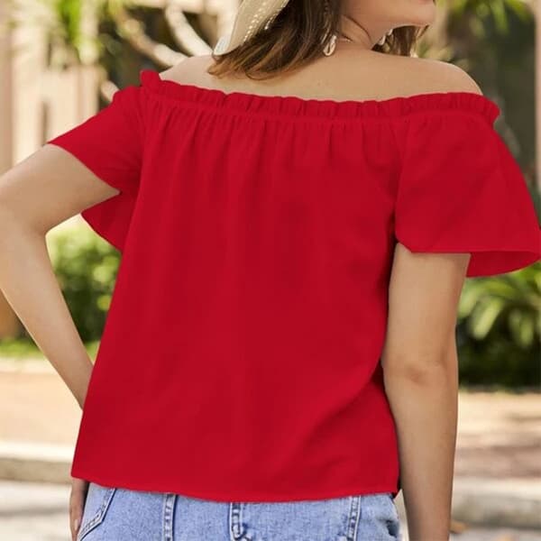 Dame ensfarget kortermet volangkant off-shoulder løs sommerbluse rød