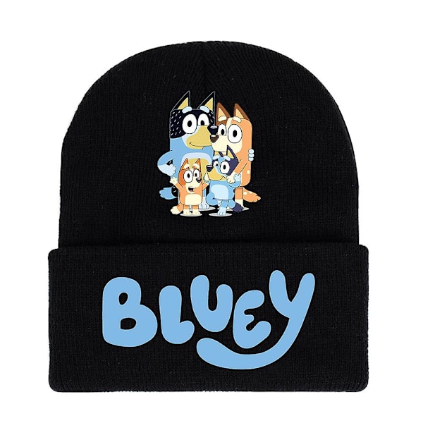 Vuxen & Barn Bluey Cartoon Tryckt Stickad Beanie med Kant Vintervarm Skidmössa Black A