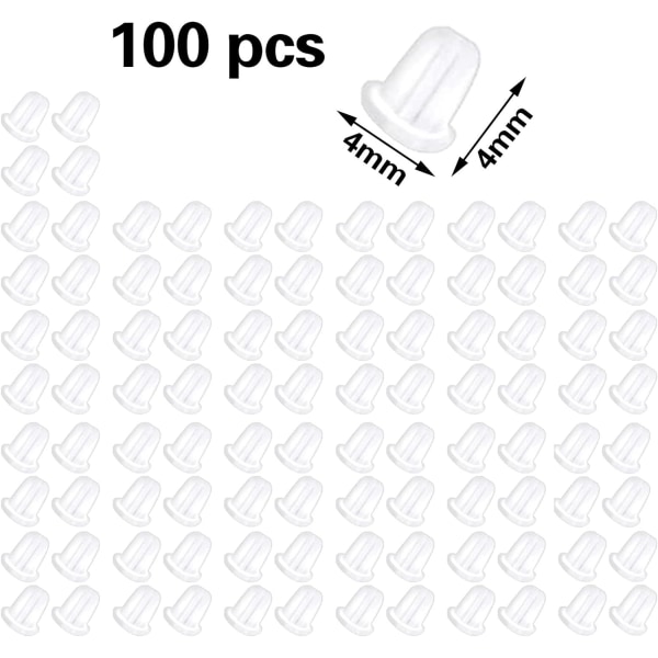 100 kpl silikonikorvakorujen selkänoja, työnnettävä korvakoru, korvakorujen tulpat, itse vaihtamiseen, läpinäkyvä (4 * 4 mm)