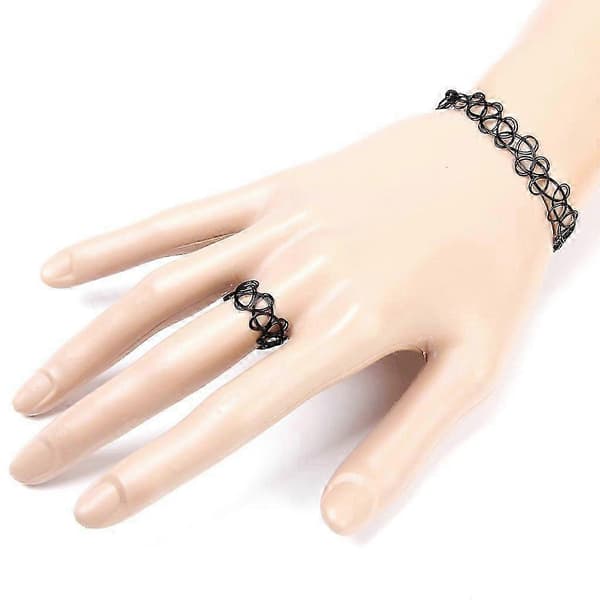 Vintage Boho Tattoo Choker Elastisk Stræk Halskæde Ring Armbånd Sæt Retro Henna nero