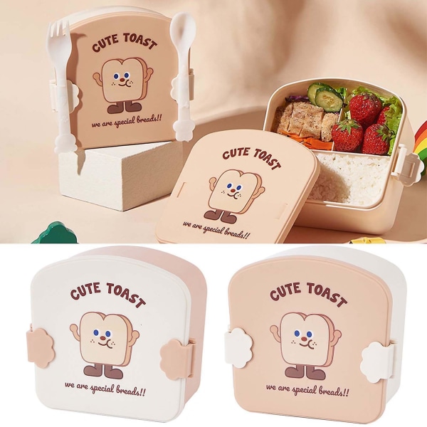 1 set Lunchlåda Läcksäker 3 rutnät Lunchlåda med bestick Tecknad Rostat bröd Mönster Elever Bento Case för skolkontor Tianyuhe Beige