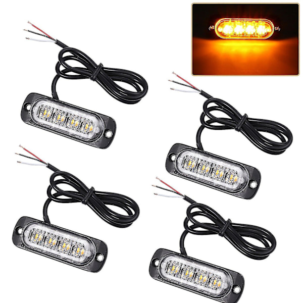 4 stk 4 LED Amber Recovery Strobe Lys 12v 24v Orange Grill Nedbrudd Blinkende Black