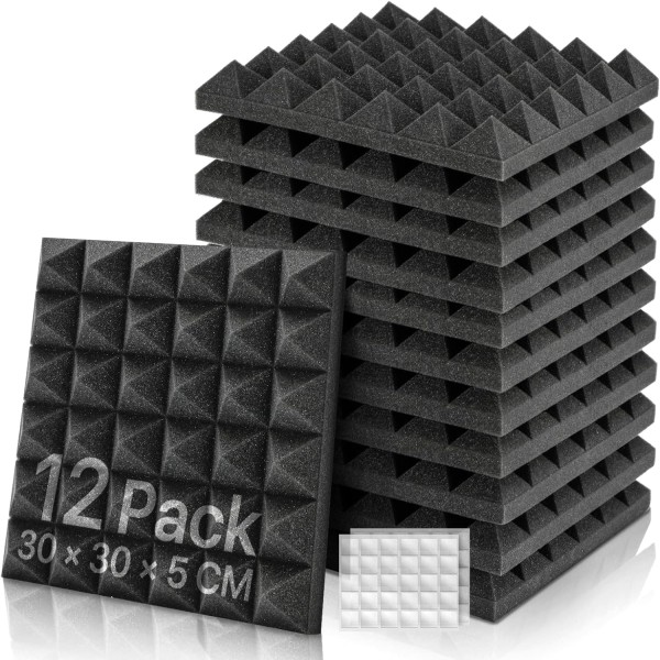 Paket med 12 akustiska skumpaneler, brandsäkra akustiska paneler Bullerskyddat skum med 60 ark dubbelsidigt lim för podcasting, inspelningsstudio