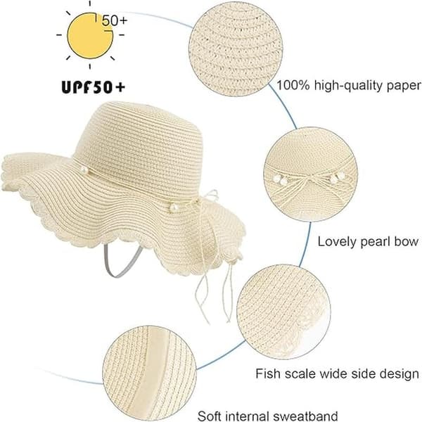 Beige stråhat til damer, sammenfoldelig solhat UV-beskyttelse, sommerstrand