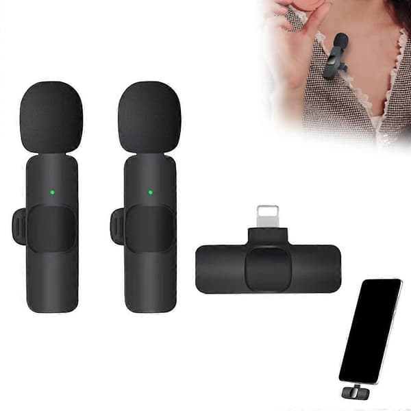 2-pakke trådløse Lavalier-mikrofoner for Android iPhone Opptak Live Black One Size