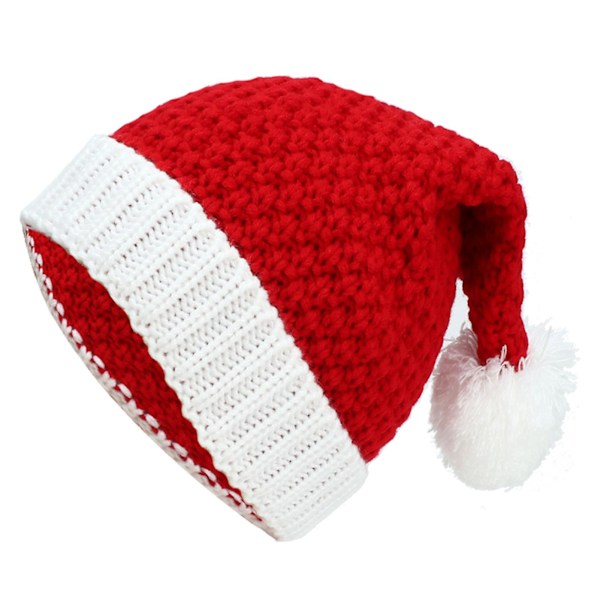 Christmas Hat Knitted White Pompom Handmade Flanging Thermal Dress Up Costume Accessories Woolen Yarn Women Men Unisex Santa Claus Cap for Outdoors Red One Size