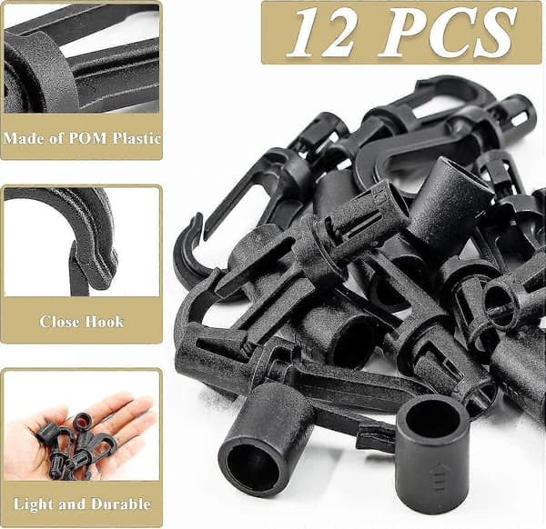 12 st Bungee Shock Cord End Hooks, svarta plast Shock Cord End Snap Hooks för 1/4 tums diameter rep