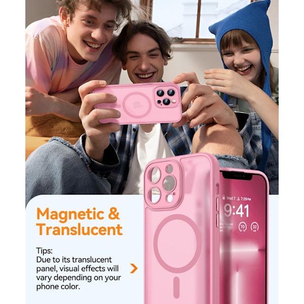 Magneettinen suojakuori iPhone 16 Pro Max -puhelimelle täydellisellä kamerasuojaimella [Yhteensopiva MagSafe-laitteen kanssa] [Läpinäkyvä mattapinta] Suojaava puhelinkotelo, lämmin vaaleanpunainen Pink iPhone 13 Pro