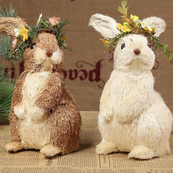 Straw Easter Bunny Figurines Lifelike Handmade Woven Rabbit Desktop Decorations