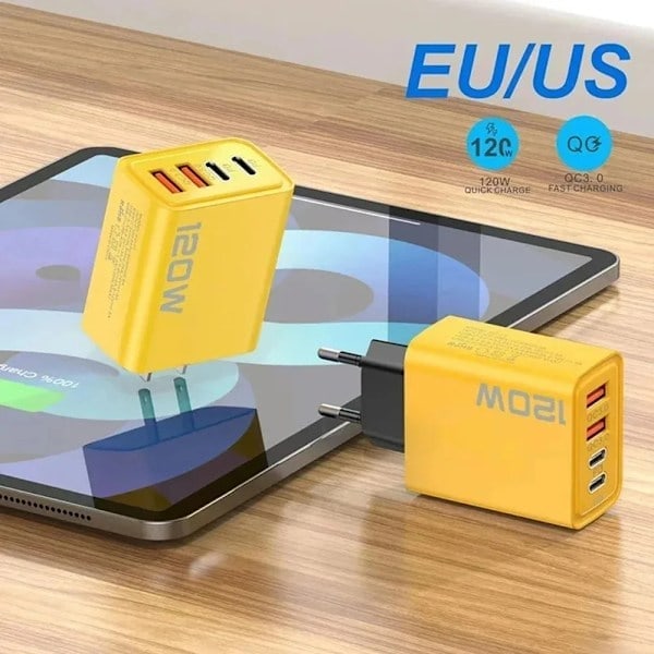 Total 120W Hurtigoplader Type C Quick Charge 3.0 USB-opladeradapter til iPhone Samsung Xiaomi PD USB-oplader Hurtigopladningsstik EU Gul/NT/