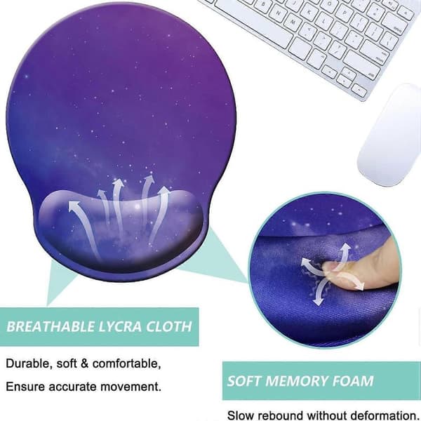Musematte med håndleddsstøtte, ergonomisk musematte med håndleddsstøtte av memory foam, sklisikker gummibase, stjerneklar himmel lilla