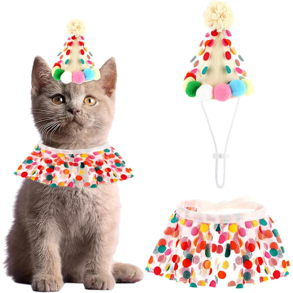 Cat Dog Costumes, Cat Dress Clothes Lace Crown Accessories for Cats Small Dogs Bib Scarf and Christmas Hat Doggy Cat Birthday Party Decorations Set