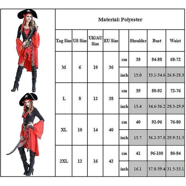 Kvinder Pirate Caribbean Swashbuckler Buccaneer Kvinder Cosplay Fest Kostume Hat+kjole+bælte Outfits Sæt Gaver-yu XL