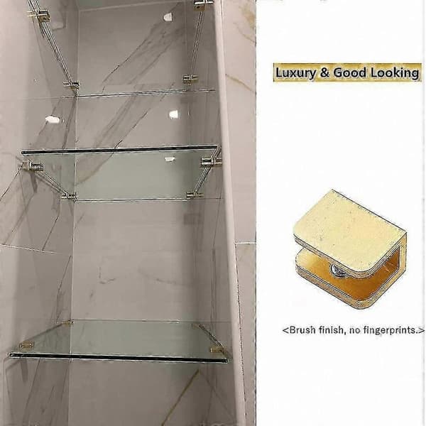 4-pack glasklämmor för 10 mm–12 mm glas, borrfritt guldhyllfästessystem