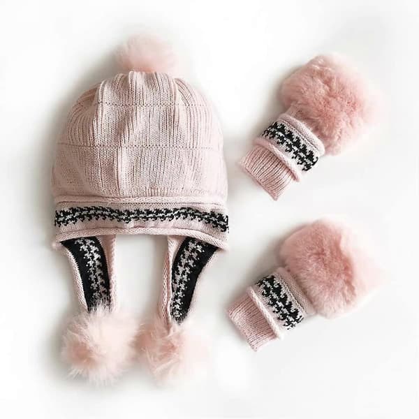 Damhattset Fluffig Vintermössa Stickad Mössa Utomhus Plyschfoder Rysk Hatt Pompon Öronlapp med Handskar, rosa