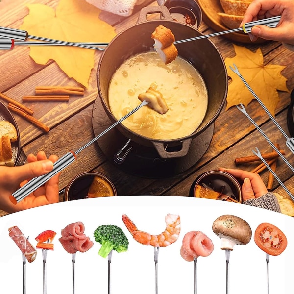 12 stk fonduegafler, 9,5 tommer fonduestave i rustfrit stål med varmebestandigt håndtag til ostechokoladefonduestegt kød