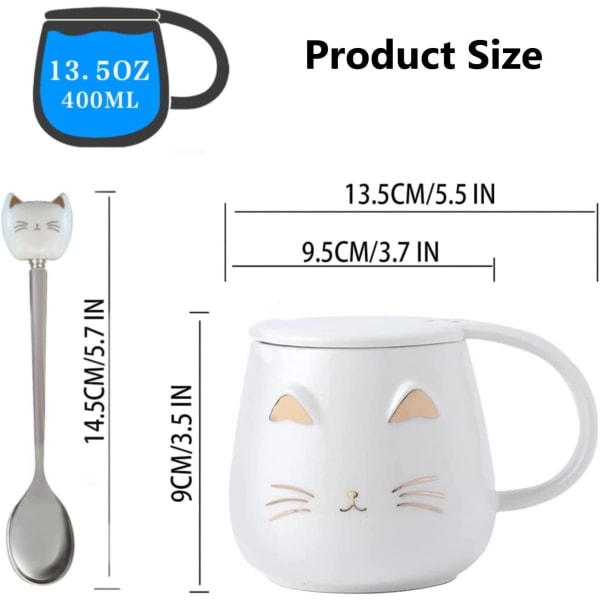 Keraamiset kissanmukit, muki kissalla, kissakuvio, söpö keraaminen kahvimuki ihanalla kissan kannella, ruostumattomasta teräksestä valmistettu lusikka (valkoinen)