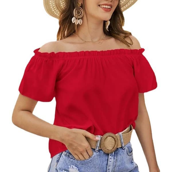 Dame ensfarget kortermet volangkant off-shoulder løs sommerbluse rød