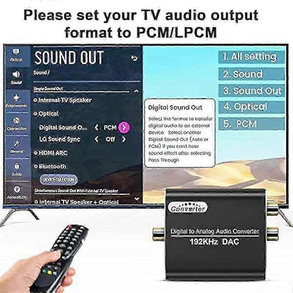 Digital til Analog Audio Converter 192KHz DAC, Optisk&Koaksial til Analog Stereo L/R RCA +3.2Ft Optisk