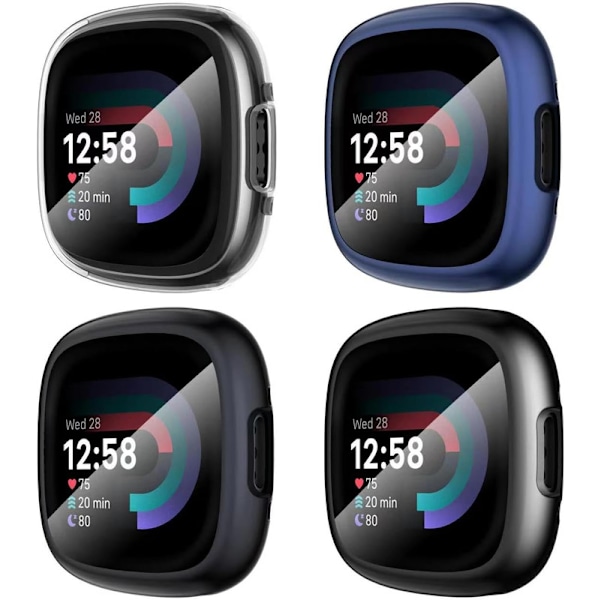 Diruite 4-pack fodral för Fitbit Versa 4/Sense 2 skärmskydd, HD stöttåligt mjukt TPU-fodral med fullständigt skydd för Fitbit Vers Black+Gun Color+Blue+Clear