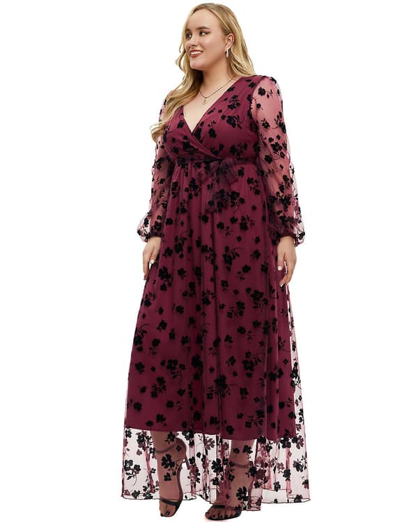 Kaxidy Damklänningar Plus Size Elegant Långklänning Broderad Balklänning Meshklänning Vinröd Red XL