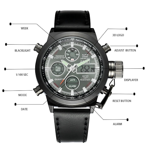 AMST Digital Herreur Vandtæt Armbåndsur LED Quartz Ur Sportsur Mand Stort Ur Mænd Relogio Masculino AM3003 brun sort sort