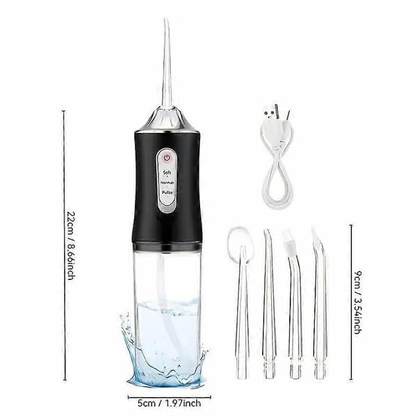Portable Oral Irrigator (Water Flosser), USB Rechargeable, 3 Modes Soft/Normal/Pulse, 4 Replaceable Nozzles, IP67 Waterproof Black
