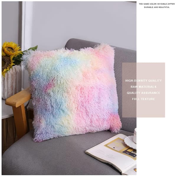Decorative Cuddly Pillowcase Set - Faux Fur Rainbow Plush Cushion, 40 x 40 cm, 2-Pack