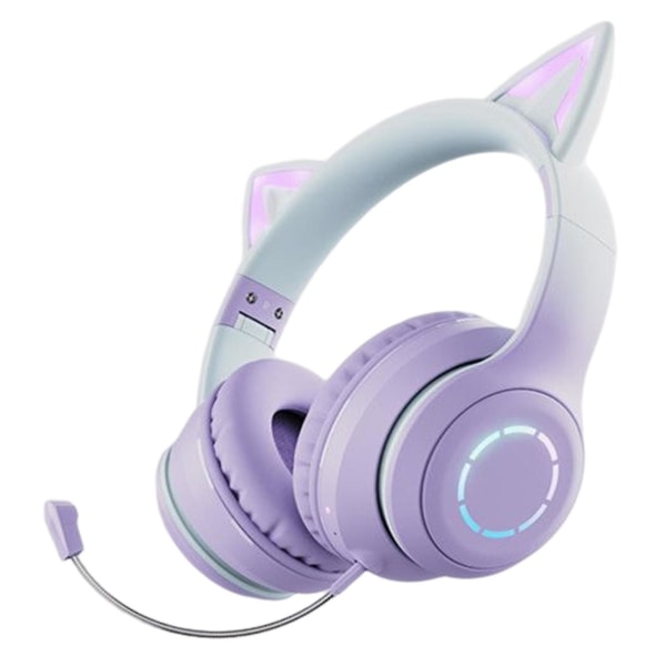 Bt029c Bluetooth-kompatible hovedtelefoner Gradient Glødende Ergonomisk Kompatibel Sammenfoldelig Hifi Stereo Musik Med Aftagelig Mic Cute Cat Ear Wire Purple