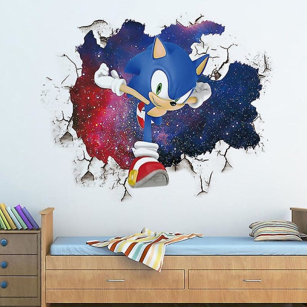 3d Sonic Wall Stickers Barnerom Graffiti Decoration 3d Broken Wall Cartoon Game Wallpaper