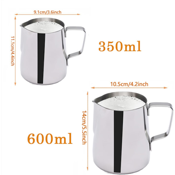 Espressokannor i rostfritt stål, mjölkskummare för espressomaskiner Cappuccino Latte Art Silver, 350 ml