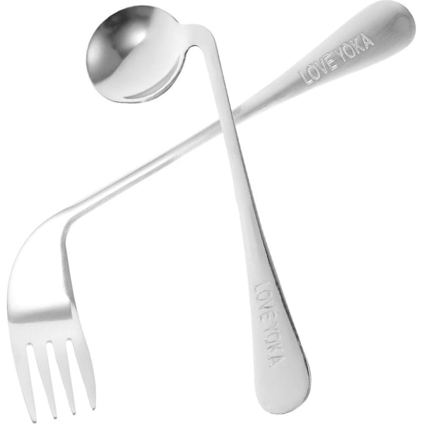 1 Set Vinklad Gaffel Sked Lätt Ergonomisk Gaffel Sked Äta Matning Utensilier Assisterande Bordsporslin Silver-1 20X7.5CM