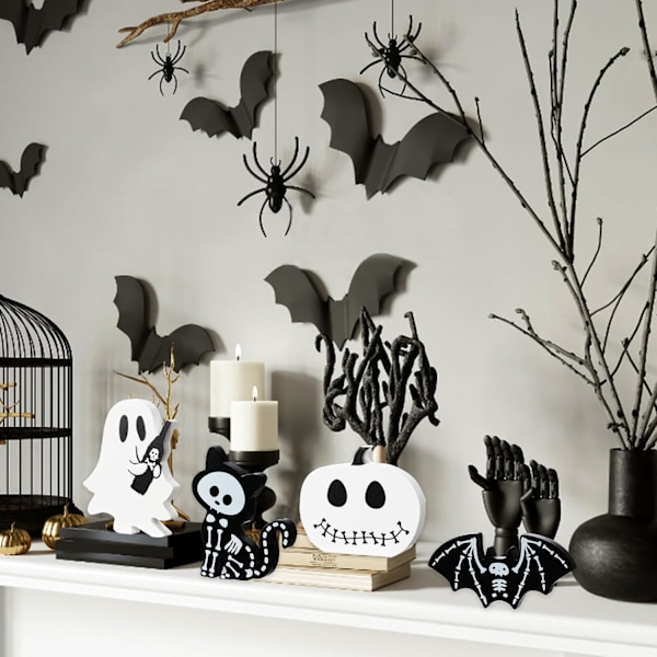 4 kpl Halloween-koristeita sisätiloihin, Halloween-kerrospöydän koristepöytäkyltti, Halloween-puukyltit Ghost Bat Pumpkin Cat Blocks -kyltit Black and White-4Pcs