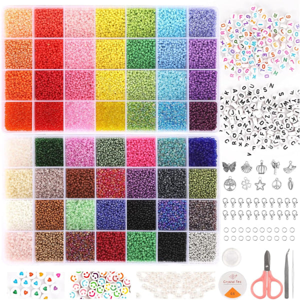 40 000 glassfrøperler til armbånd, 56 farger av 2 mm perler til smykkeproduksjon, 260 alfabetperler til håndverkspresenter