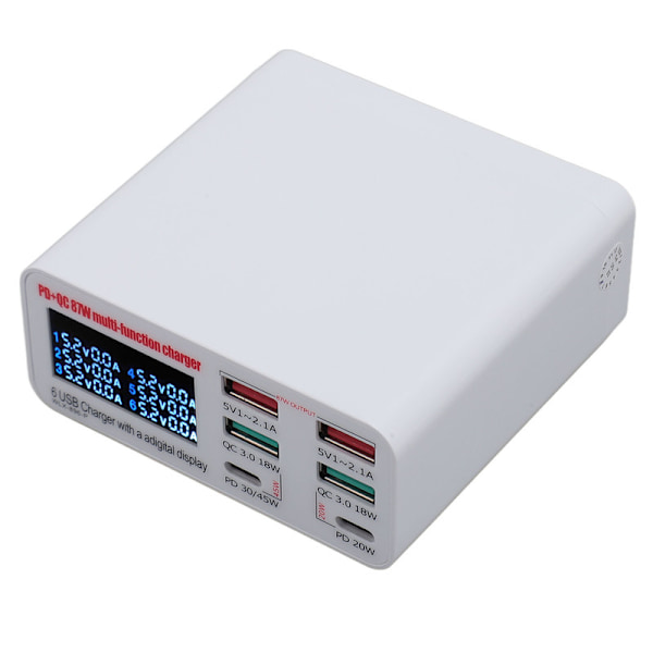 USB-latausasema 87W USB A USB C -laturi Hub 6 portilla LCD-näyttö QC3.0 PD Pikalataus USB-virtajohto 100–240V US-pistoke 0.1