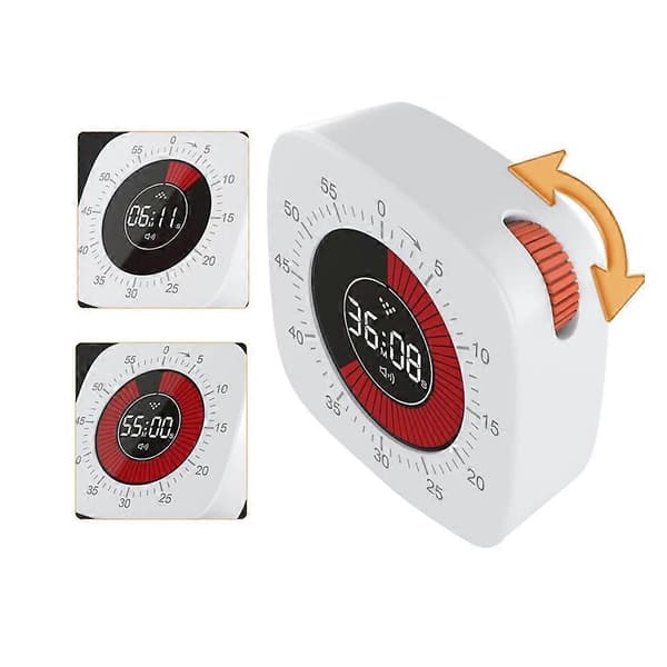 Visuell timer med alarm, opptelling, oppladbar, 60 minutters nedtelling White One Size