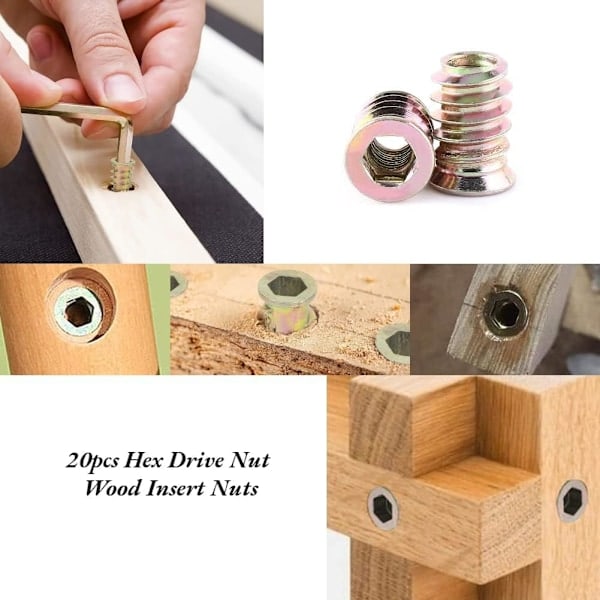 M8 x 15mm Tre Gjenget Innlegg, M8 Treinnlegg, Sink Legering Sekskantet Gjenget Mutter, Hodemutter for Tremøbler (100 stk) M8×15