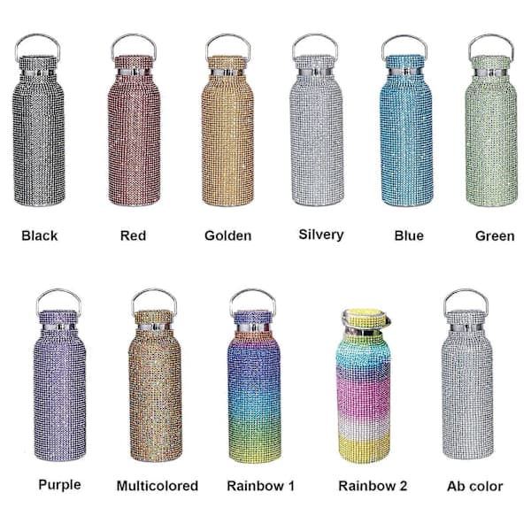Diamantvattenflaska Bling Rhinestone Termosflaska i rostfritt stål, 100% ny blå
