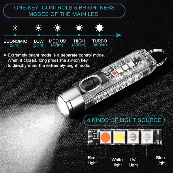Mini tehokas LED-taskulamppu Superkirkas 400LM UV-punaisella sinisellä valolla, USB-C LED Ladattava pieni taskulamppu avaimenperä