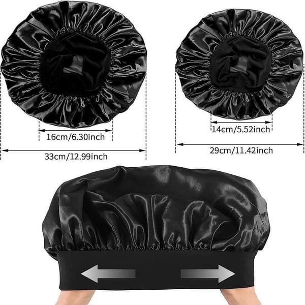 St satinhætte, satinhue til hår om natten, genanvendelig elastisk nathue til forældre og børn (sort)_jarx black