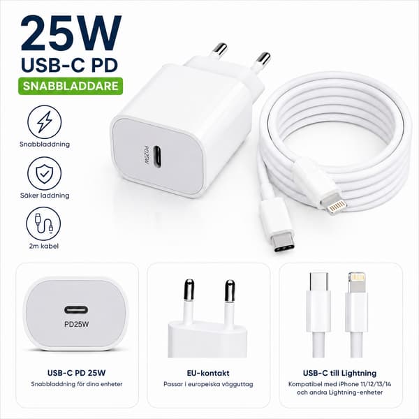 25W Hurtigoplader 2 m USB-C til Lightning-kabel – Kompatibel iPhone 11/12/13/14 Vit white