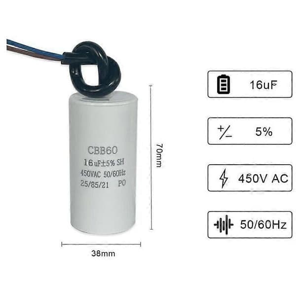 CBB60 16 F 50/60 Hz startkondensator. Motorkondensator. Mikrofaradkondensator med tråd.
