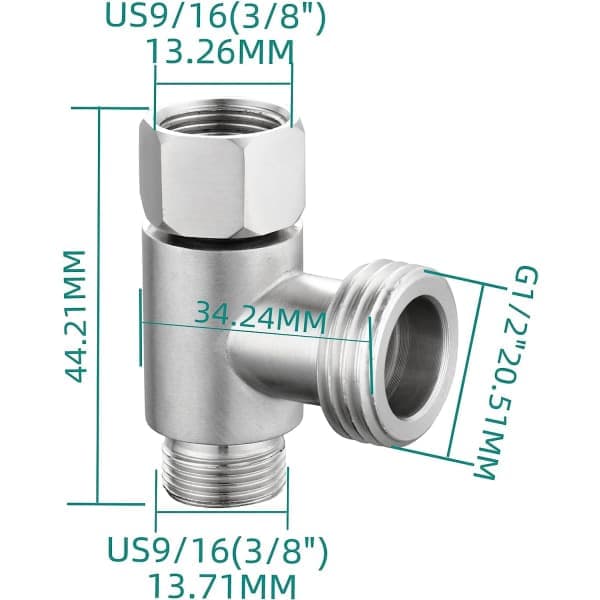 3-vejs 3/8 \" og 1/2 \" 3-vejs adapter T-stykke Rustfrit stål 3/8 \" vandledning T-kobling Børstet nikkel