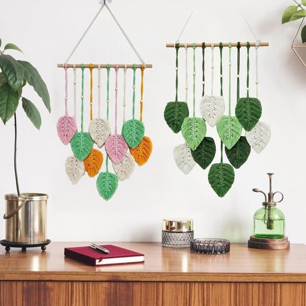 Macramé väggbonad, Boho vävd väggbonad med träpärlor och gröna blad blå bl\\\\u00e5 bl\\\\u00e5