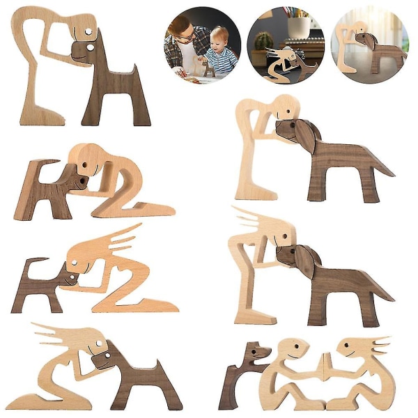Træ Hund Kat Familie Statue Hvalpe Familie Træ Hunde Figurer Hjem Indendørs Træ Håndværk Kunst Dekoration G