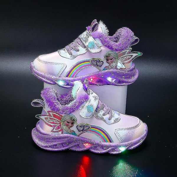 Flickor Led Casual Sneakers Elsa Princess Print Outdoor Skor Barn Light-up Halkfria skor för och vinter Purple T 25-insole 15.2cm