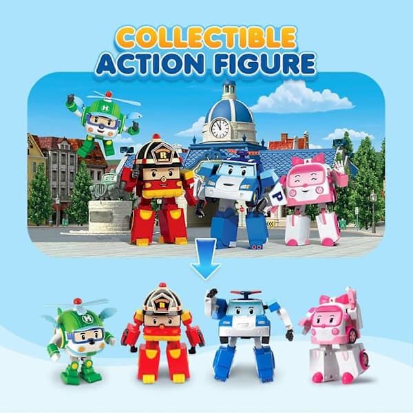 SBSG Robocar Poli 4-pak Poli + Amber + Roy + Helly Transformerrobotlegetøj, 10 cm Transformerende