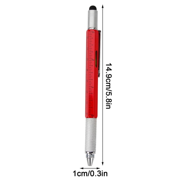 Multifunktionel værktøjspen Et-ord krydsskruetrækker niveaumåler skala Kapacitiv pen Seks-i-en metalkuglepen 1 ml-rød